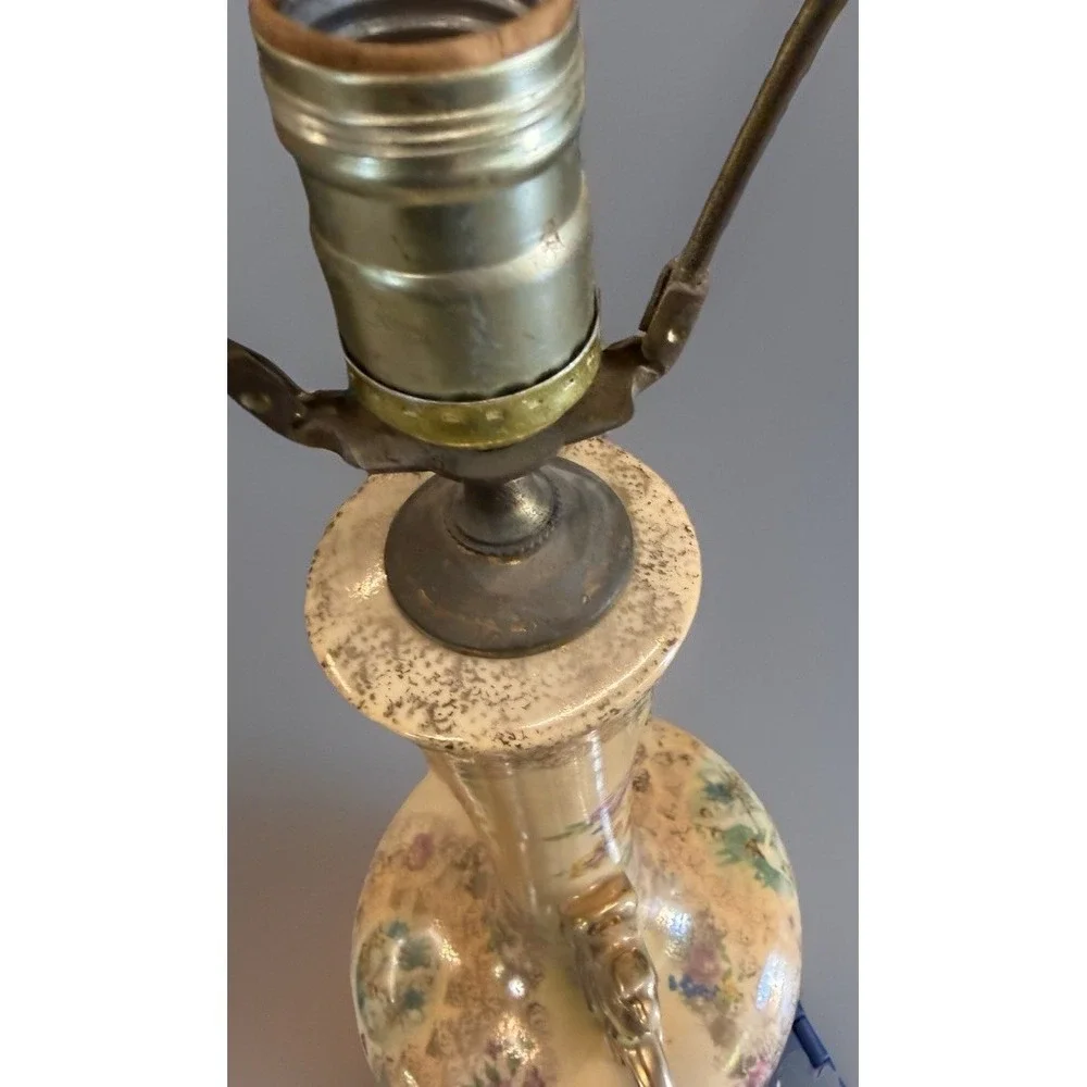 Estate Victorian Handpainted Porcelain Lamp with Gold Trim and Metal Base Works